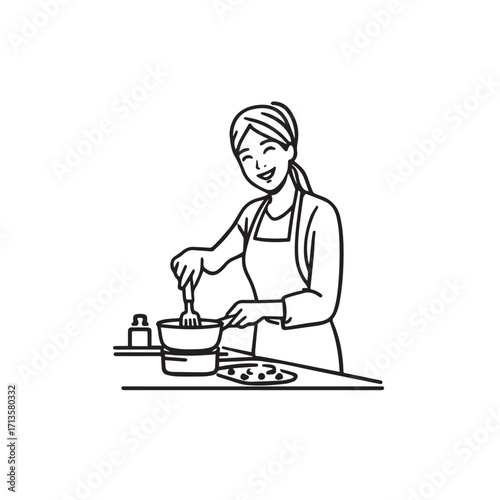 Black and White Vector Illustration of a Smiling Woman Cooking in Kitchen with Apron and Headband