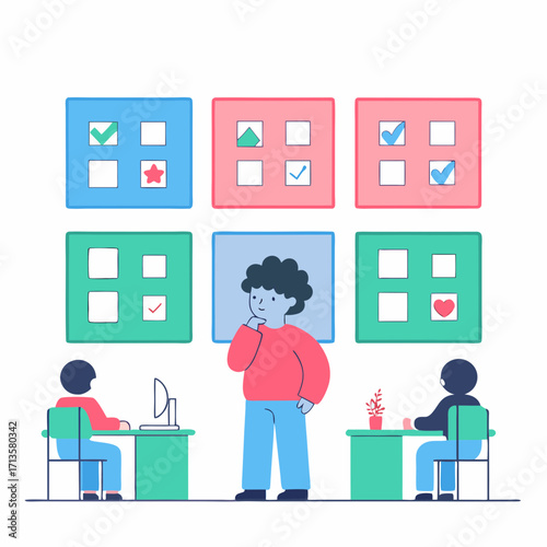 Young boy contemplating classroom activities with peers at desks  