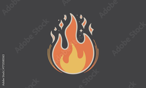 Stylized illustration of a vibrant orange and yellow flame with sparks.