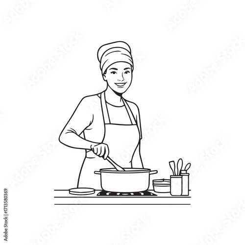 Black and White Vector Illustration of a Smiling Woman Cooking in Kitchen with Apron and Headband