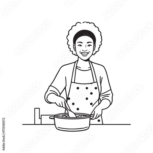 Black and White Vector Illustration of a Smiling Woman Cooking in Kitchen with Apron and Headband