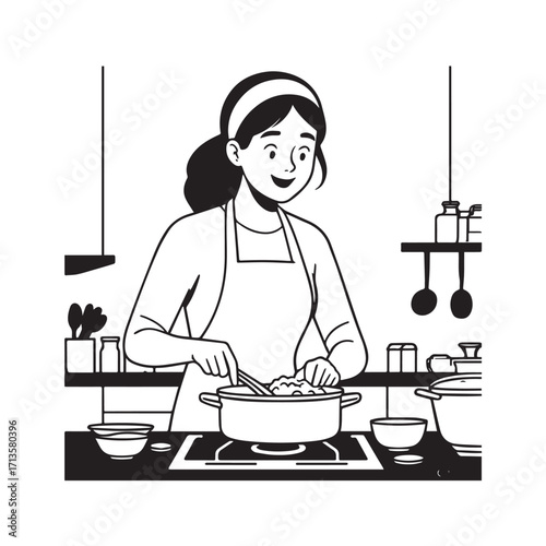 Black and White Vector Illustration of a Smiling Woman Cooking in Kitchen with Apron and Headband