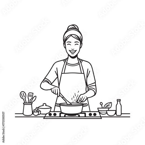 Black and White Vector Illustration of a Smiling Woman Cooking in Kitchen with Apron and Headband