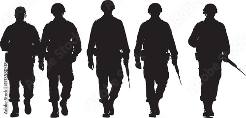 Military or army soldier silhouettes with weapons walking forward