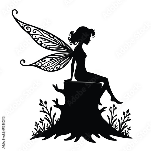 Black silhouette fairy with ornate wings sitting on tree stump