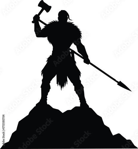 Barbarian warrior silhouette standing on rocky mountain peak holding axe and spear, primitive fighter, strength, dominance, adventure, battle, heroic pose, fur clothing