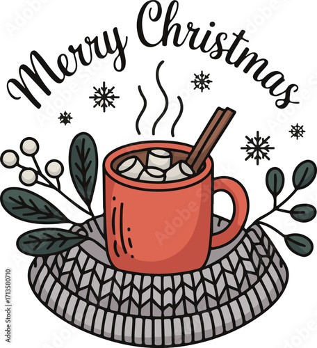 Cozy merry christmas hot chocolate with cinnamon stick and marshmallows