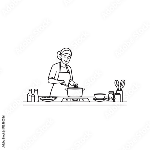 Black and White Vector Illustration of a Smiling Woman Cooking in Kitchen with Apron and Headband