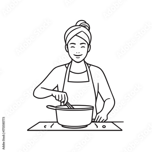 Black and White Vector Illustration of a Smiling Woman Cooking in Kitchen with Apron and Headband