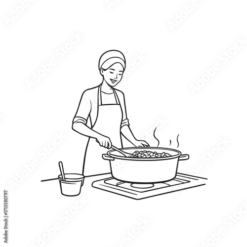 Black and White Vector Illustration of a Smiling Woman Cooking in Kitchen with Apron and Headband