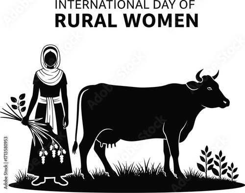 Silhouette illustration for international day of rural women, showing a woman with a cow