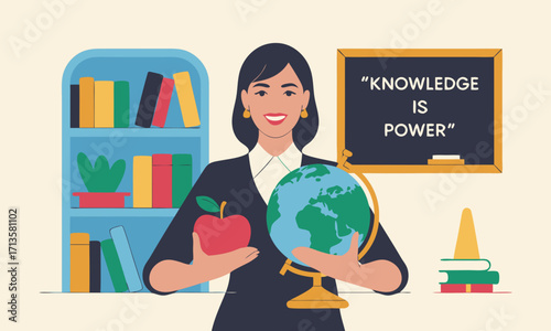 Teacher holding globe and apple with Knowledge is Power blackboard.