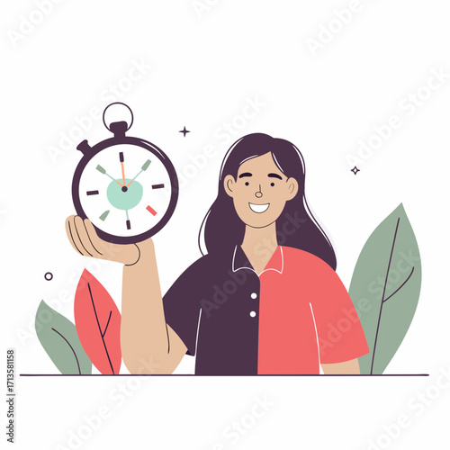 Girl smiling while holding a stopwatch in a colorful setting  