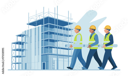 Three construction workers in hard hats and safety vests carrying blueprints near a building under construction.