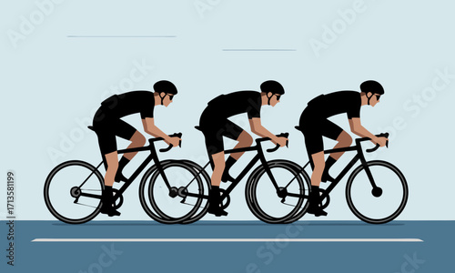 Three cyclists in black racing gear on bicycles.