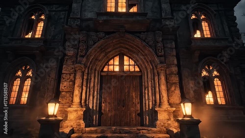 Eerie Gothic Mansion Entrance at Dusk with Glowing Windows and Ominous Atmosphere