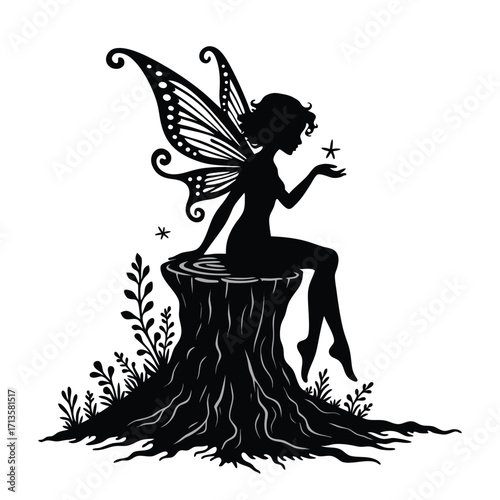 Black silhouette fairy with wings on tree stump holding star
