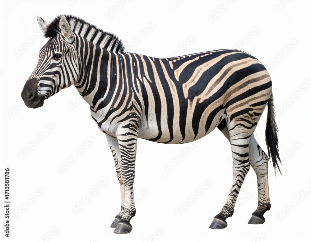 Fototapeta premium Full profile view of a zebra against a plain white background.