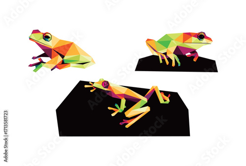 Frog Animal Set in Colorful low poly polygonal.  Cute Frog Icon in abstract colorful logo. Vector abstract of Frog collection