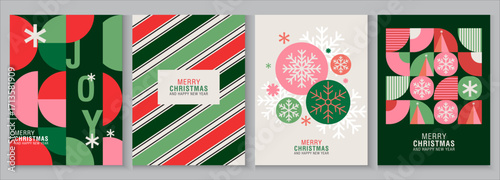 Merry Christmas and Happy New Year background, banner, cover, poster design with trendy flat style.Creative retro hand drawn Christmas cards, Festive xmas concept in modern minimalist geometric style
