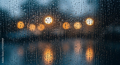 Rainy Window View with Bokeh Lights and Water Droplets.