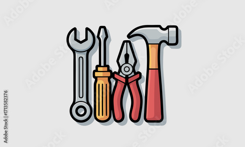 A collection of essential hand tools including a wrench screwdriver pliers and hammer.