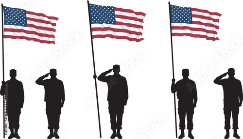 Silhouette of soldier saluting with American flag, patriotic military tribute, USA national pride, armed forces honor illustration concept