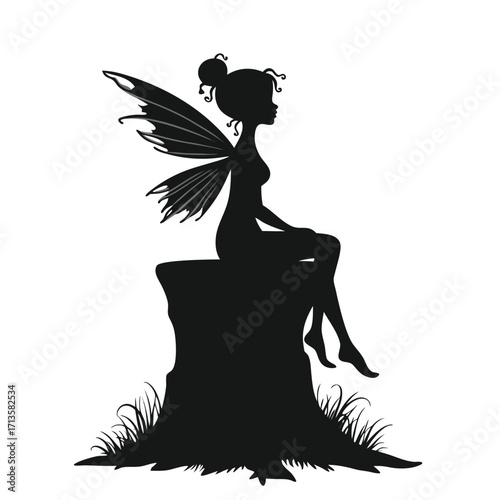 Black silhouette fairy with wings sitting on tree stump