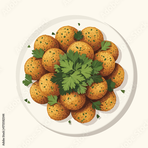 Delicious golden-brown falafel balls, a popular Middle Eastern street food, beautifully arranged on a white plate and garnished with fresh parsley