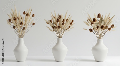 Three white vases with dried pampas grass and pine cones arranged symmetrically