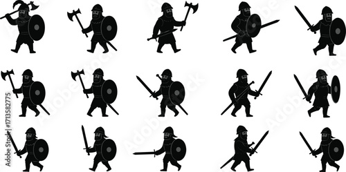 Medieval warrior silhouettes, knights with swords, shields, axes, battle poses, historical fighters, combat stances, ancient soldiers, fantasy art, black figures