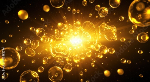 Gold fluid blobs cluster in a burst of shining light against a dark background