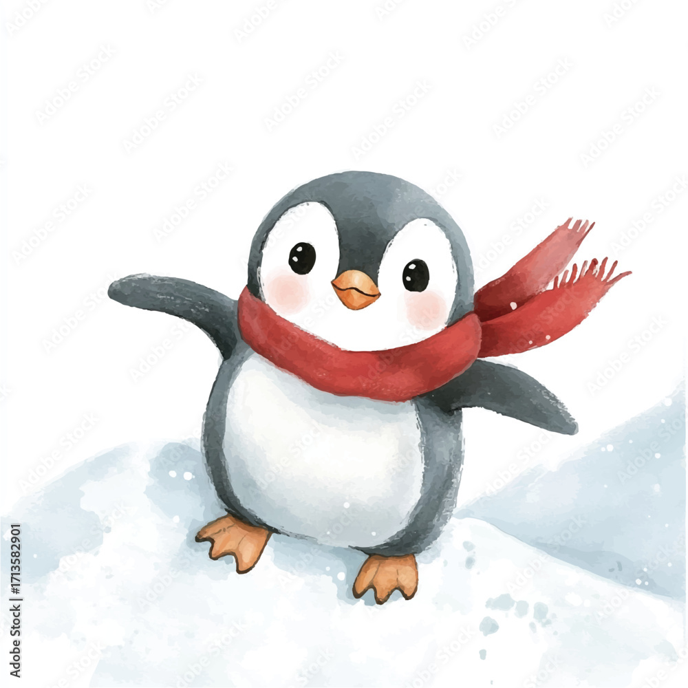 Fototapeta premium Adorable Watercolor Penguin with Red Scarf.