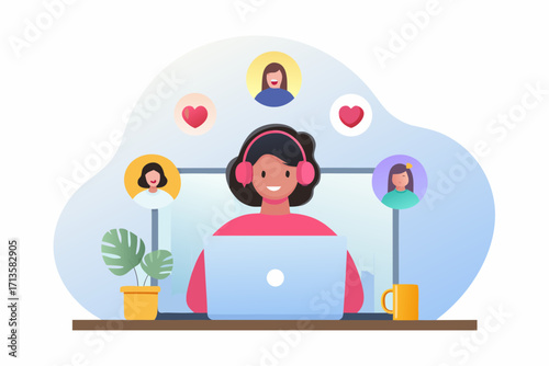 Young woman wearing headphones working on a laptop with video call participants and hearts floating above