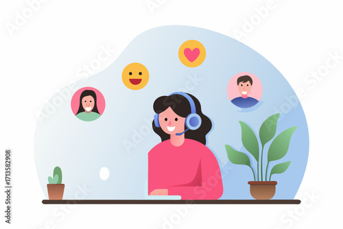 Friendly customer service representative wearing headset and smiling while interacting with clients online