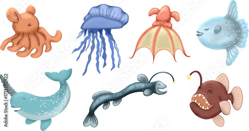 Cute Ocean Creatures Vector Illustrations