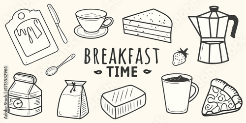 Hand drawn sketch of breakfast items and the words breakfast time on a light background