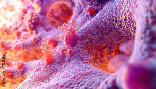 Abstract microscopic view of vibrant pink and purple cellular structures with glowing orange light