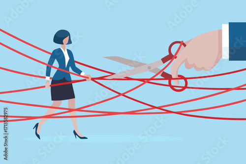 Businesswoman navigating through tangled red tape as scissors cut through the obstacles