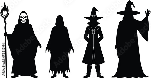 Wizard silhouettes, sorcerer figures, fantasy magic characters, dark mage robes, pointed hats, mystical poses, spellcasting art, occult illustration, magical costume design, black shapes