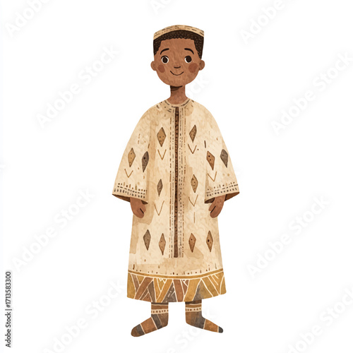 African boy in traditional attire stands confidently smiling at the viewer.