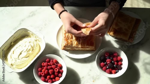 Overhead view of traditional dessert preparation, ingredients arranged neatly in bowls, hands preparing food, bright natural lighting, clean top-view frame, no logos.