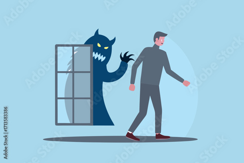 A shadowy monster emerges from a window to confront a surprised man walking away