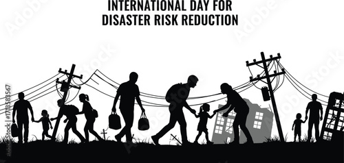 Silhouette of people walking away from destroyed houses for international day for disaster risk reduction