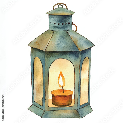 Antique Lantern with Glowing Candle Flame Illustration.