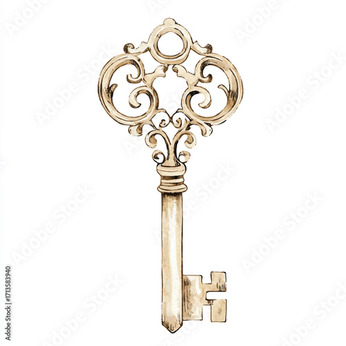 Antique ornate golden key vintage design.