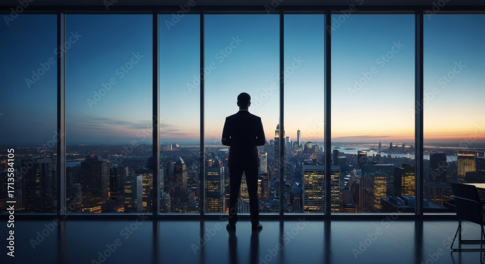 Fototapeta premium Visionary professional observes the vast cityscape from a high-rise office, contemplating future strategies and global opportunities at dawn.