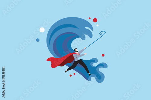 Superhero businessman with red cape bravely surfing a giant blue wave with a stick