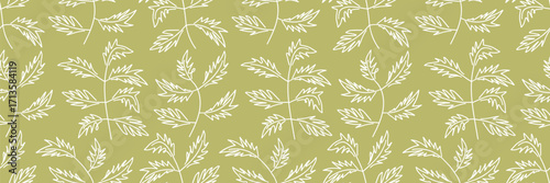Wallpaper Mural Hand Drawn Outline Leaf Botanical Seamless Pattern on Olive Green Torontodigital.ca