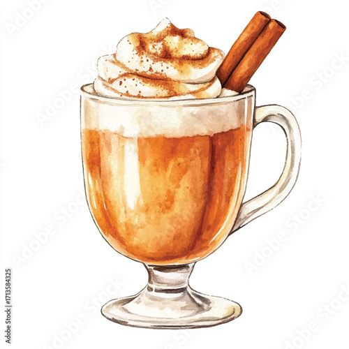 Artistic watercolor illustration of a warm spiced latte with whipped cream.